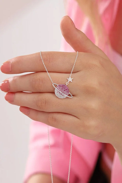 925 Sterling Silver Planet Necklace with Gradient Red Stone